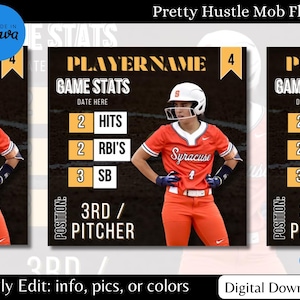 May include: A digital download of a softball player game stats flyer template. The flyer is black with orange and yellow accents. The flyer features a photo of a softball player wearing a Syracuse uniform. The flyer includes the player's name, game stats, position, and date. The text on the flyer reads "PLAYER NAME", "GAME STATS", "DATE HERE", "2 HITS", "2 RBI'S", "3 SB", "POSITION: 3RD / PITCHER", "Easily Edit: info, pics, or colours", and "Digital Download".