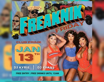 Freaknik Friday Club Flyer Template For Canva, DIY Event Flyer template, Party Flyer, Club DJ Party kickback Invite for Social Media
