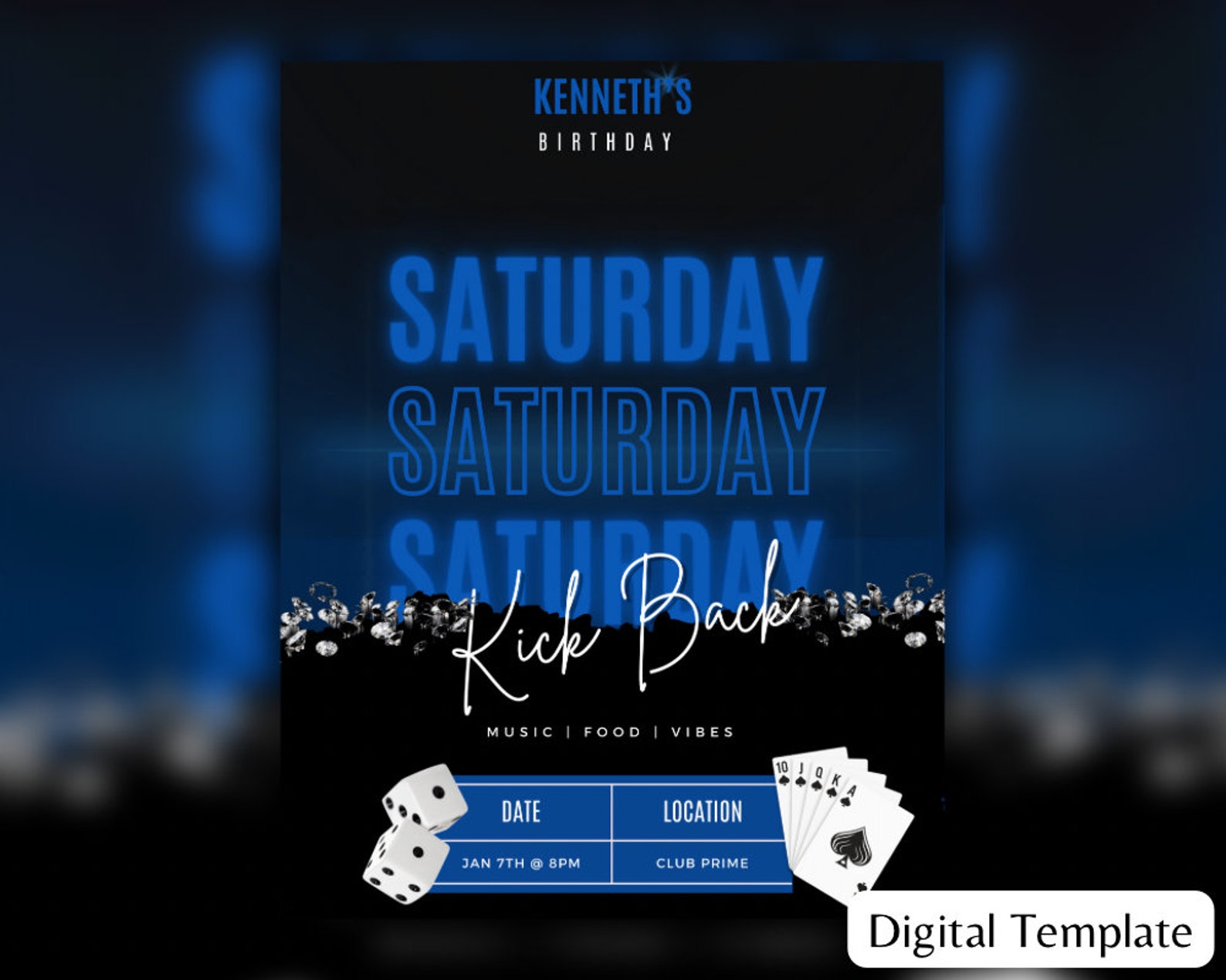 Blue Kickback Club Party Flyer Template for Canva, DIY Event Flyer