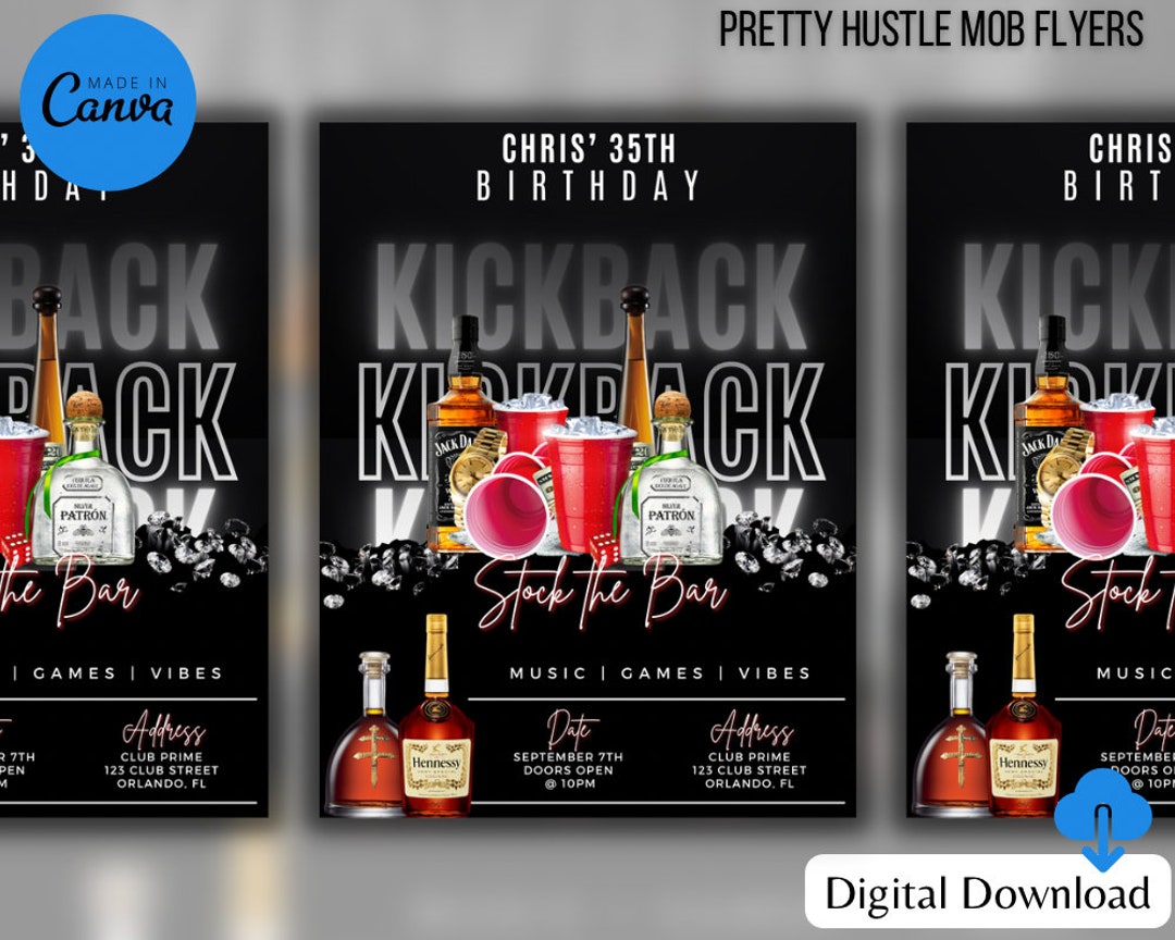 Black and White Kickback Club Party Flyer Template for Canva, DIY Event