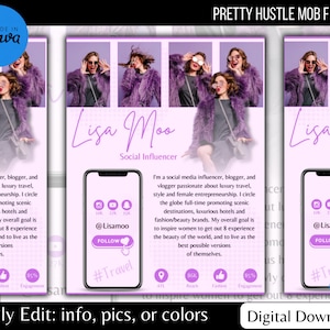 Può includere: Un volantino digitale viola e bianco, con la foto di una donna con un cappotto di pelliccia viola e occhiali da sole. Promuove l'influencer Lisa Moo, con icone di social media e l'hashtag "#Travel". Il testo dice "Easily Edit: info, pics, or colors."