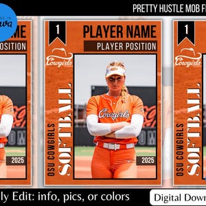 Modello di carta da gioco da softball arancione e nero / Modello Canva / Carta da gioco modificabile / Baseball o softball / digitale