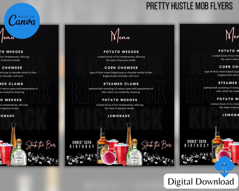 Black and White Kickback Menu Template for Canva Etsy