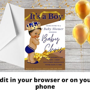 Royal blau Baby Shower Einladung Vorlage | Druckbar | Junge Einladung Vorlage | Prinz-Babyparty-Einladungsschablone | Canva Vorlage