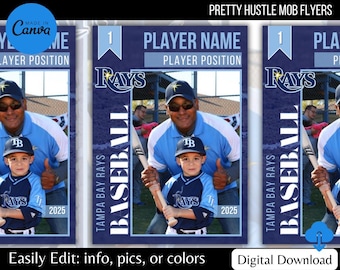 May include: A blue and white baseball player card template with the text "Tampa Bay Rays Baseball" and "Player Name" and "Player Position". The template has a space for a photo of a player and a space for a photo of a coach or parent. The template also has a space for the player's number and the year.