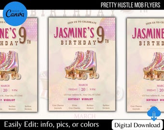 Pink Skate Birthday Invitation Template | Instant Download | Edit with Canva for free