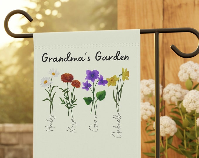 Custom Grandma's Garden Flag, Personalized Birthflower Flag, Grandmas Garden with Grandkids, Gift for Grandma, Mimi, Gig
