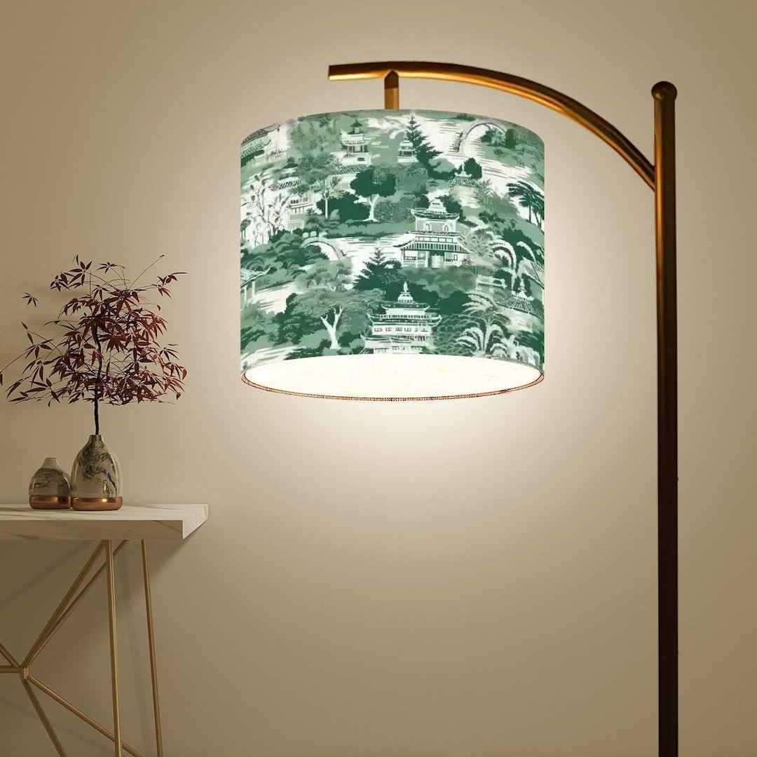 Modern Asian Style Round Shelf Floor Lamp in Black with White Shade