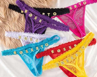 Bikini perizoma personalizzato, perizoma con lettera con nome personalizzato, gioielli per il corpo, intimo, lingerie, regalo per le sue mutandine con lettera in cristallo argento oro