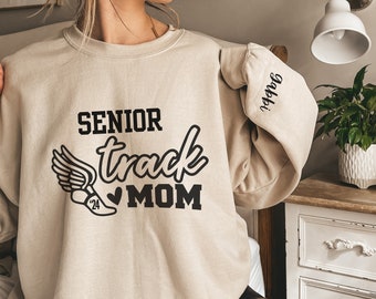 Senior Track Mom Personalized Sweatshirt with Kids Names Sleeve, Custom Senior Mom Sweater, Track Meet Shirt for Mom