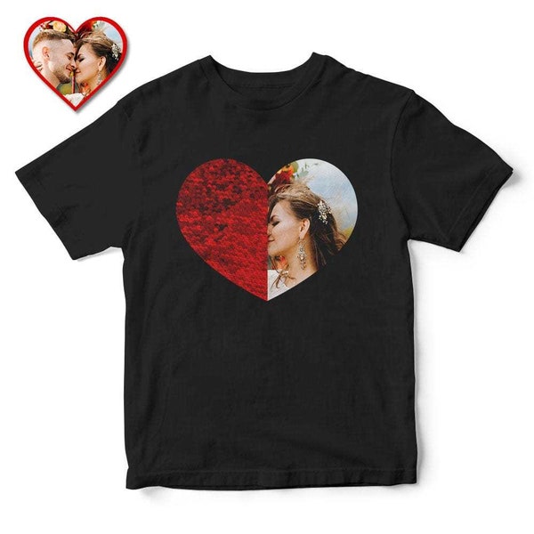 Op maat gemaakt T-shirt met pailletten met foto, hartvormig T-shirt met foto-pailletten, Moederdagshirt