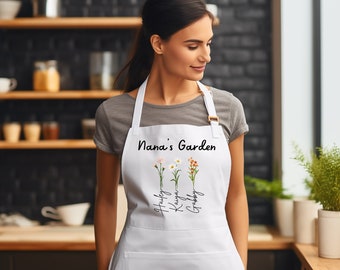 Grandma's Kitchen Apron, Nana's Garden Apron, Mother's Day Gift, Custom Name Apron, Birth Flower Gift with Names, Personalized Mothers Day