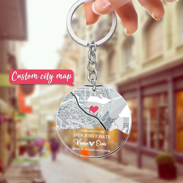 Personalized Acrylic Map Keychain Our First Date, First Home Keyring New House Gift Personalized Heart Map Our First Kiss Keychain