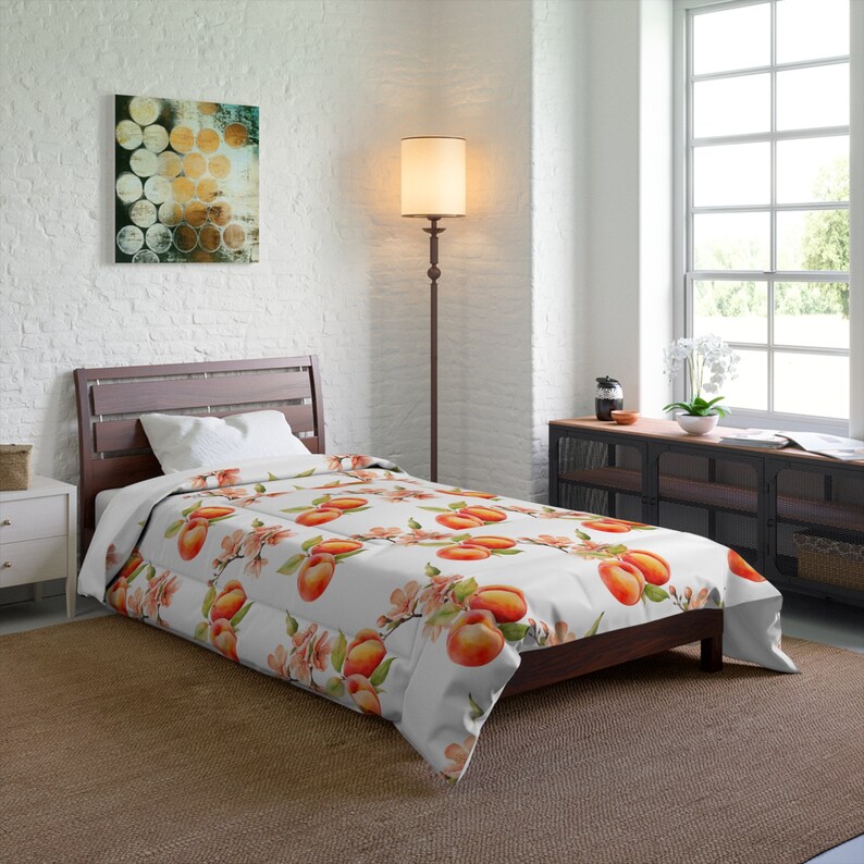 Luxe Peach Comforter Cute Fruit Print Bedding, Comforter With Peaches