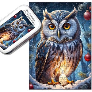 May include: A colorful owl puzzle with a matching tin. The puzzle features a detailed illustration of an owl with orange eyes, set against a snowy, wintery background with red ornaments. The tin reads "Tiny Tin Puzzles 5" x 7" Travel Puzzle."