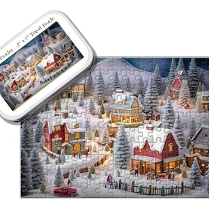 May include: A 5" x 7" travel puzzle in a tin featuring a snowy winter village scene with houses, trees, and people. The puzzle is called "Tiny Tin Puzzles".