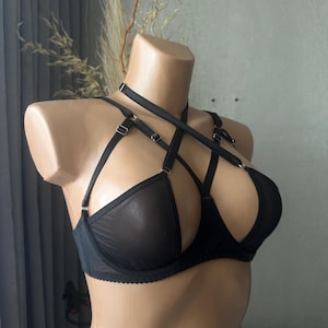 May include: Black lingerie set featuring a bra with a unique harness design. The bra has sheer panels and adjustable straps. The lingerie is displayed on a mannequin against a neutral background.