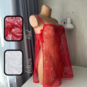 Sultry Transparent Red Negligee, Sheer Nightgown for a Seductive Look, Sheer Red Nightgown,  Transparent Negligee for a Romantic Evening