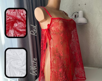 Sultry Transparent Red Negligee, Sheer Nightgown for a Seductive Look, Sheer Red Nightgown,  Transparent Negligee for a Romantic Evening