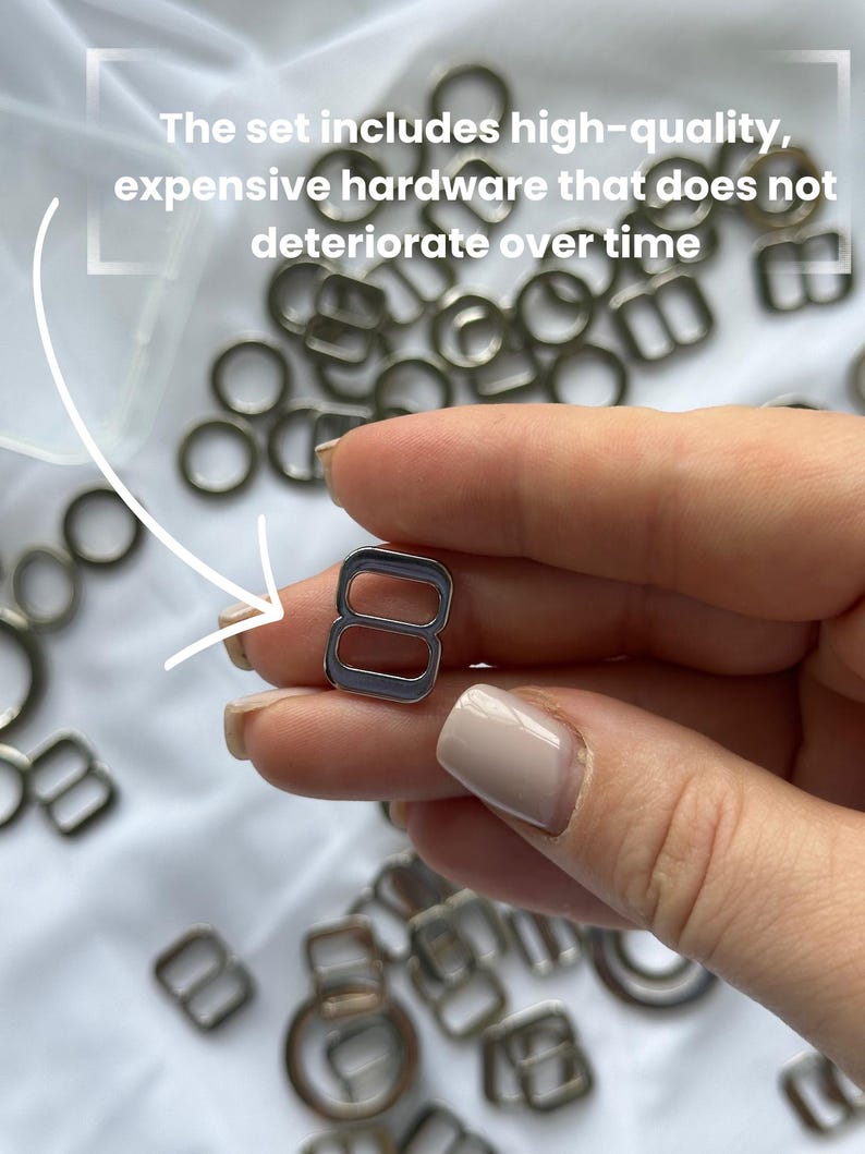 May include: A close-up of various silver-colored metal hardware pieces, including rings and rectangular sliders. One slider is held between fingers. The text in the image reads: "The set includes high-quality, expensive hardware that does not deteriorate over time."
