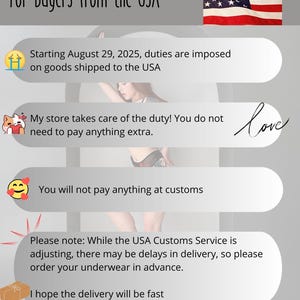 May include: Image with text: "for buyers from the USA." The text continues with information about duties and customs. The image also includes a US flag and the word "love" in cursive.