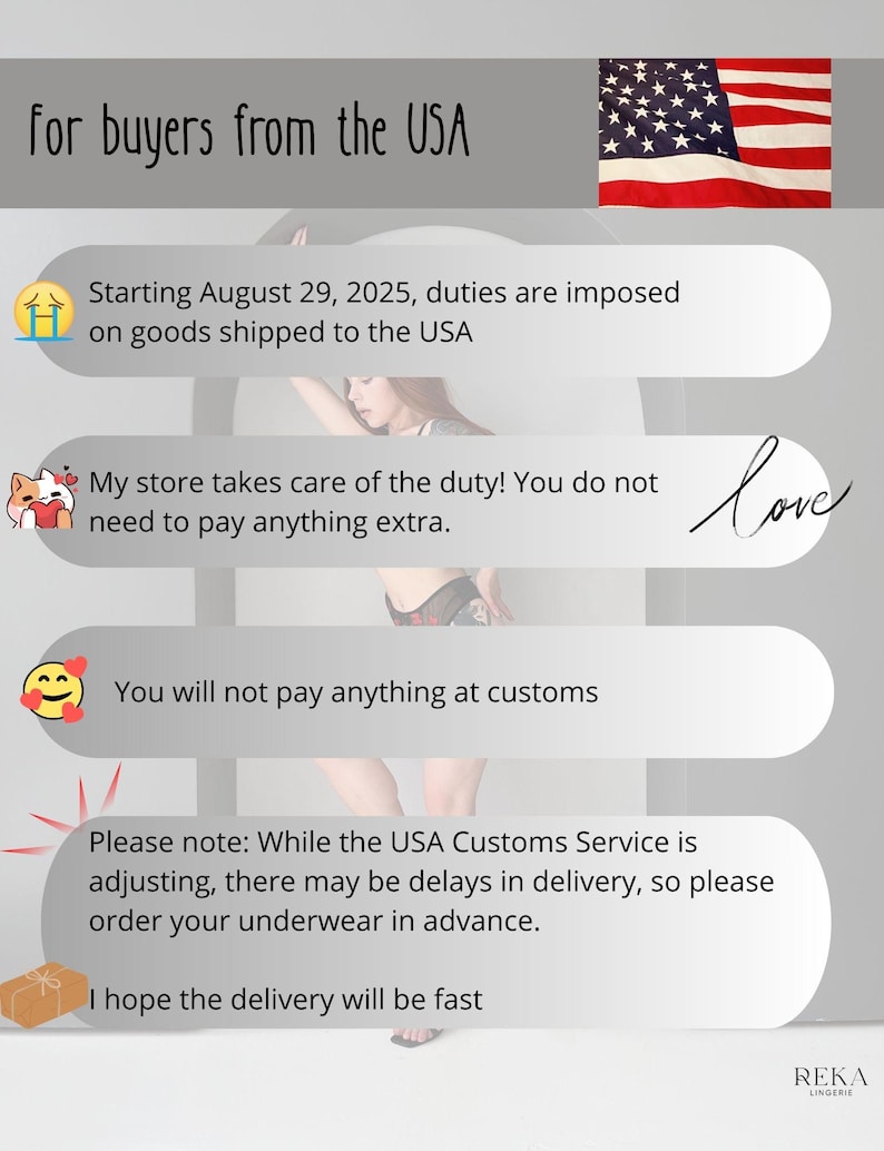May include: Image with text: "for buyers from the USA." The text continues with information about duties and customs. The image also includes a US flag and the word "love" in cursive.