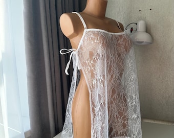 Wedding Day Lingerie Silky Bridal Nightgown Bride Lacy Lingerie    Sheer Honeymoon Lingerie Transparent dress See through dressing gown
