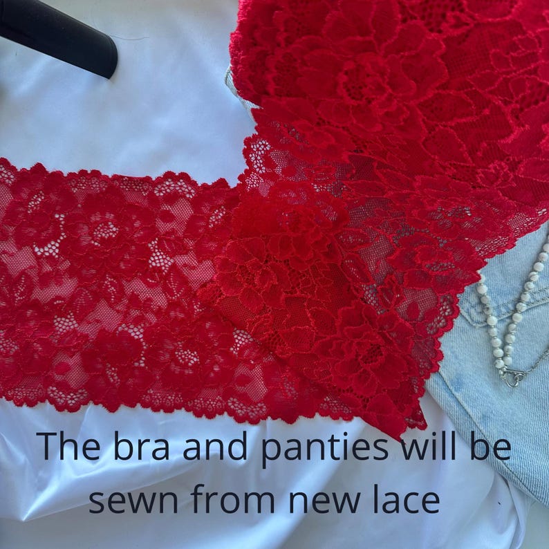 May include: Red lace fabric with a floral pattern. The text "The bra and panties will be sewn from new lace" is visible at the bottom of the image.