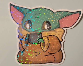 Cute Sparkling Holographic Chibi Grogu Baby Alien Soup Sticker/ Decal