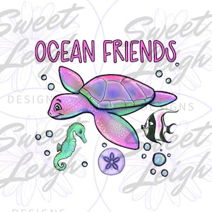 May include: A colorful illustration featuring a sea turtle, seahorse, and a fish, with bubbles and a sand dollar. The text "OCEAN FRIENDS" is displayed in pink. The design has a whimsical, cartoon-like style.
