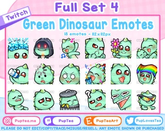Pacote com 18 emotes fofos de dinossauro verde para Twitch, YouTube e Discord | Conjunto completo 4