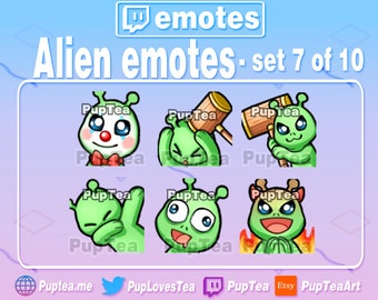 Puede incluir: Conjunto de 10 emotes de Twitch de alienígenas verdes con diferentes expresiones. Los emotes son de estilo de dibujos animados y presentan un alienígena verde con ojos grandes y una corbata de lazo roja. Los emotes incluyen expresiones como felicidad, tristeza, enojo y sorpresa. Los emotes son perfectos para agregar personalidad a tus transmisiones de Twitch.