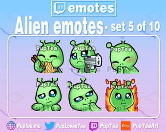 Puede incluir: Conjunto de 10 emotes de Twitch de alienígenas verdes con diferentes expresiones. Los emotes son de estilo de dibujos animados y presentan un alienígena verde con ojos grandes y una boca pequeña. Los emotes incluyen expresiones como comer fideos, sostener un arma, rezar y estar en llamas.