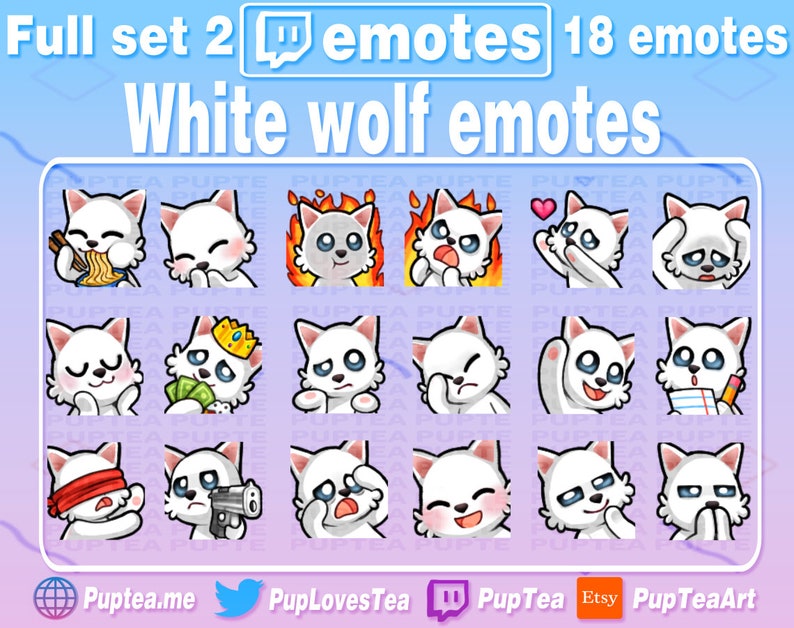 18x Cute White Wolf Emotes Pack for Twitch Youtube and Discord Full Set