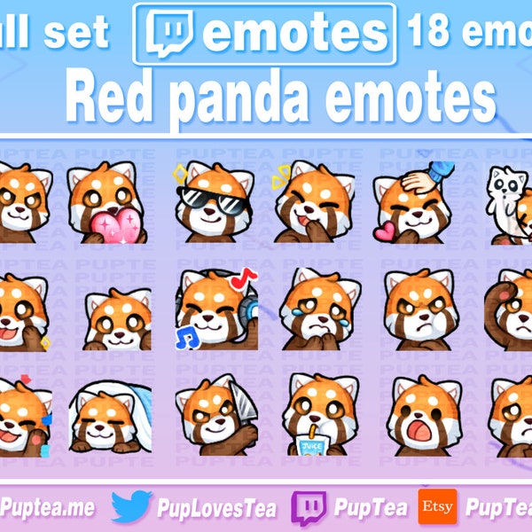Pack de 18 emotes mignon panda roux pour Twitch, Youtube et Discord | Ensemble complet 1
