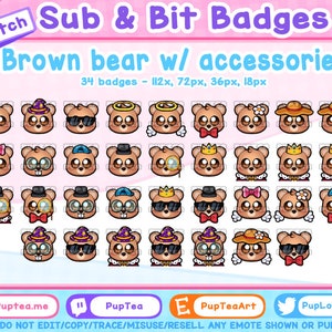 34x Cute Brown Bear Twitch Sub Badges / Cheer Bit Badges | Accessory Set