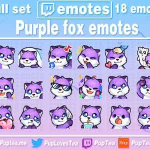 18x Cute Purple Fox Emotes Pack for Twitch Youtube and Discord | Full Set 1