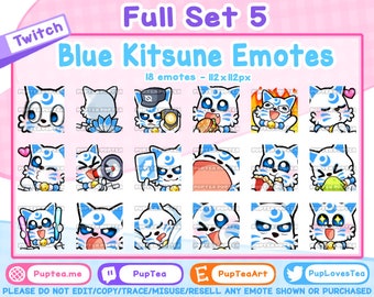 18 x schattig blauw Kitsune-emotespakket voor Twitch Youtube en Discord | Volledige set 5"