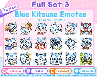 18 x schattig blauw Kitsune-emotespakket voor Twitch Youtube en Discord | Volledige set 3