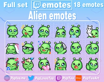 Puede incluir: Un conjunto de 18 emotes de Twitch con personajes alienígenas verdes y adorables con diferentes expresiones. Los emotes están diseñados en un estilo de dibujos animados con un efecto de acuarela. El texto "Full set Twitch emotes 18 emotes Alien emotes" se muestra en la parte superior de la imagen.