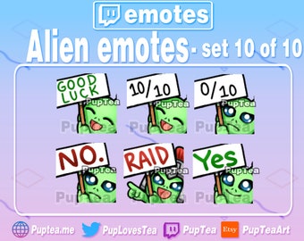 Puede incluir: Conjunto de 10 emotes de Twitch de alienígenas verdes con diferentes expresiones y carteles. Los carteles dicen "Buena suerte", "10/10", "0/10", "No.", "Raid" y "Sí".