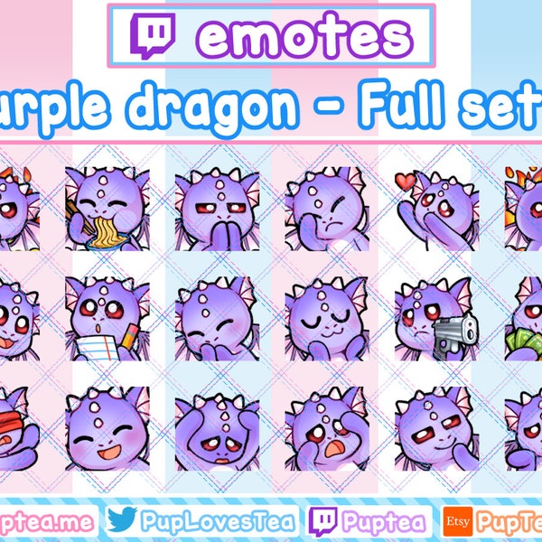 18x Cute Purple Dragon Emotes Pack for Twitch Youtube and Discord | Full Set 2
