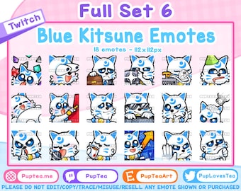 18 x schattig blauw Kitsune-emotespakket voor Twitch Youtube en Discord | Volledige set 6"