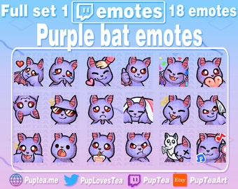 18x Cute Purple Bat Emotes Pack for Twitch Youtube and Discord | Full Set 1