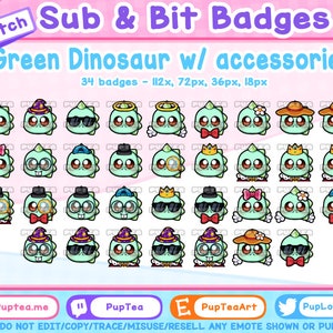 34x Cute Green Dinosaur Twitch Sub Badges / Cheer Bit Badges | Accessory Set