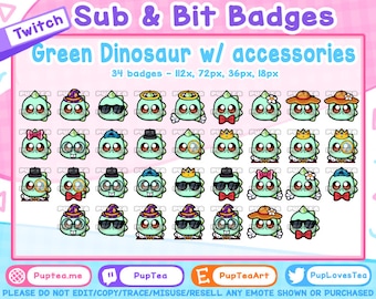 34 distintivi Twitch Sub a forma di dinosauro verde carino / distintivi Cheer Bit / set di accessori
