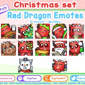 12x Cute Christmas Red Dragon Emotes Pack for Twitch Youtube and Discord | Holiday set