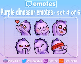 Paquete de 6 adorables emoticonos de dinosaurios morados para Twitch, YouTube y Discord / Conjunto 4