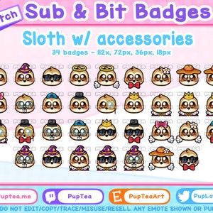 34x Cute Sloth Twitch Sub Badges / Cheer Bit Badges | Accessory Set
