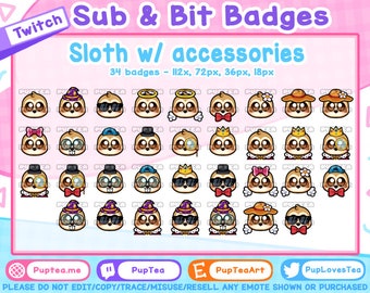 34x Cute Sloth Twitch Sub Badges / Cheer Bit Badges | Accessory Set